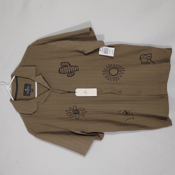NWT Saints Studio Taupe Cactus Embroidered Texture Button Down Mens Size Small - Picture 1 of 9